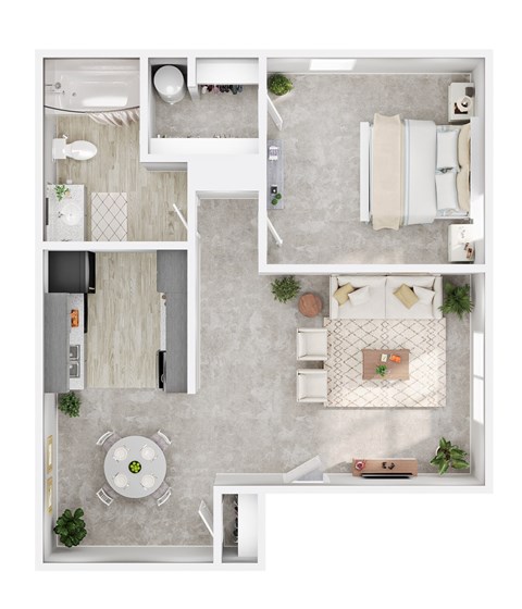A top-down view of a modern apartment layout with a kitchen, living room, and dining area.